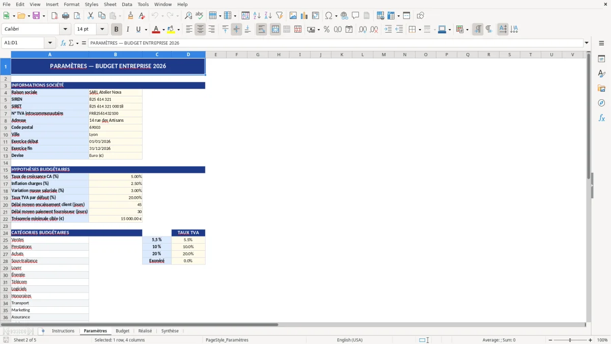 Capture d'écran 2 : Feuille Paramètres - Modèle Excel modèle budget entreprise excel
