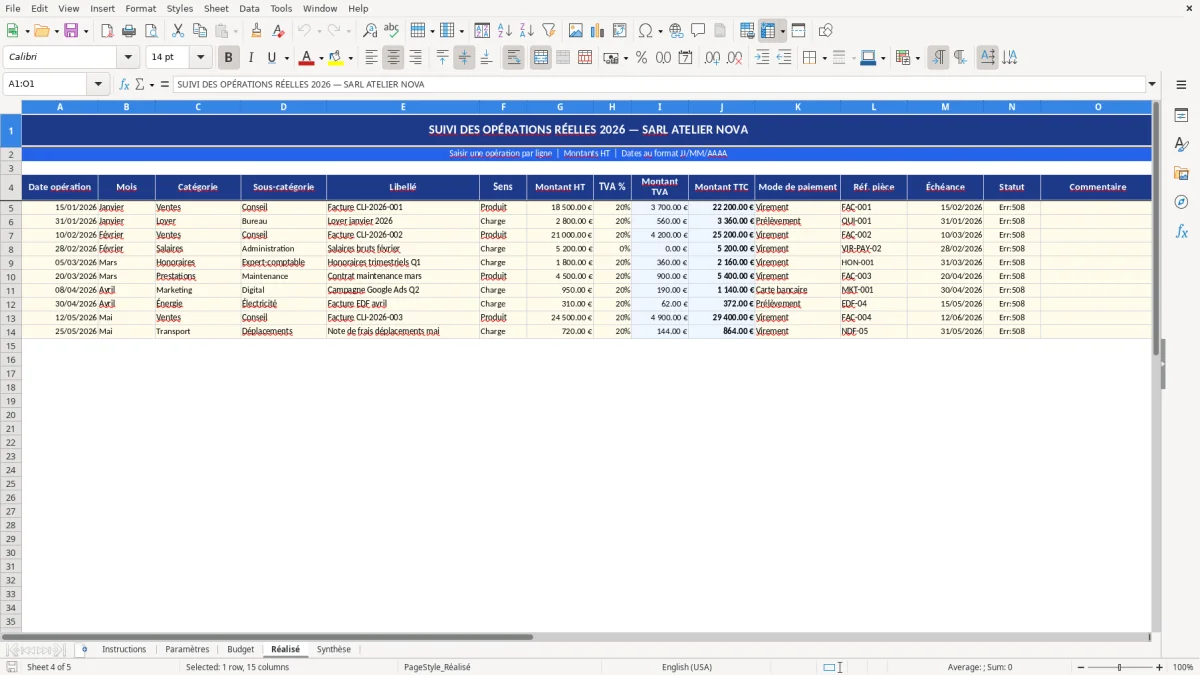 Capture d'écran 4 : Feuille Réalisé - Modèle Excel modèle budget entreprise excel