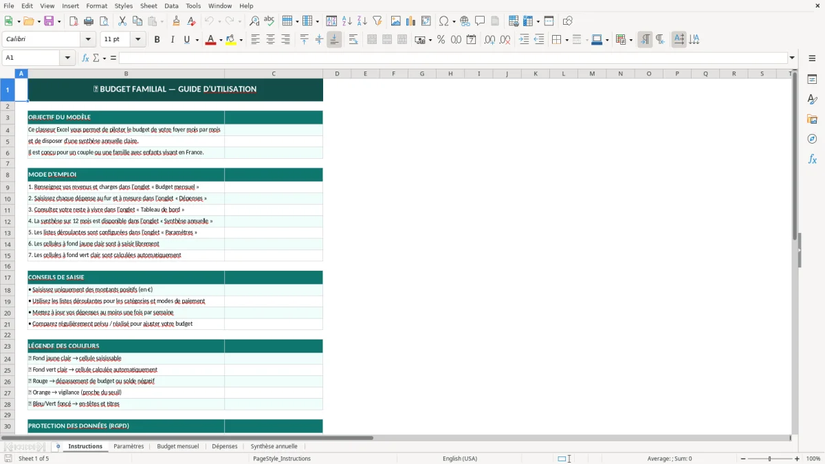 Capture d'écran 1 : Feuille Instructions - Modèle Excel modèle budget familial excel