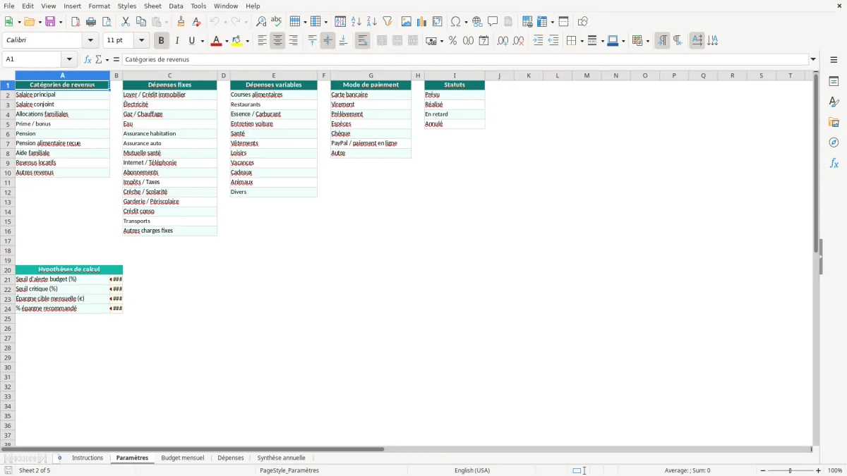 Capture d'écran 2 : Feuille Paramètres - Modèle Excel modèle budget familial excel