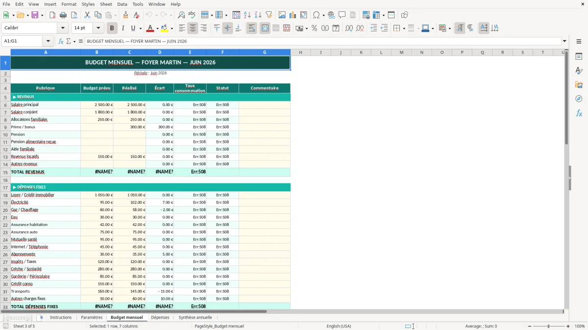 Capture d'écran 3 : Feuille Budget mensuel - Modèle Excel modèle budget familial excel