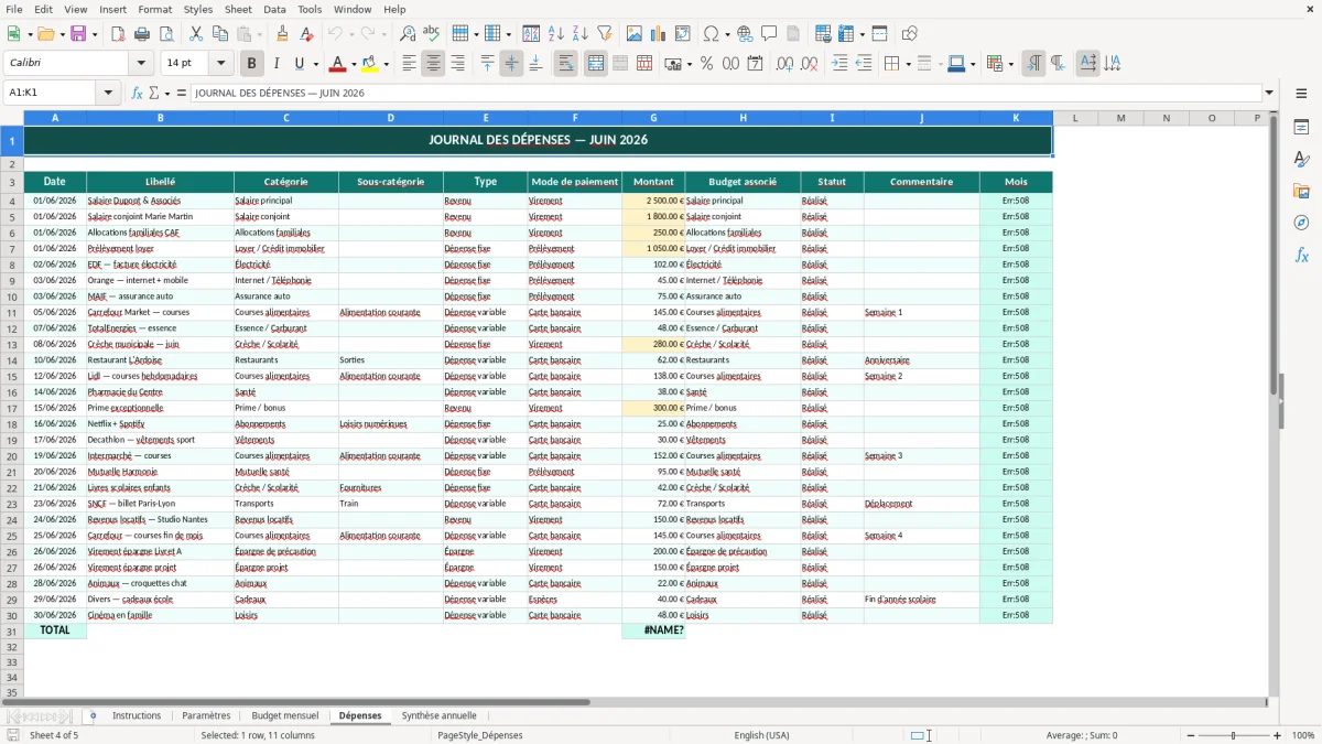 Capture d'écran 4 : Feuille Dépenses - Modèle Excel modèle budget familial excel