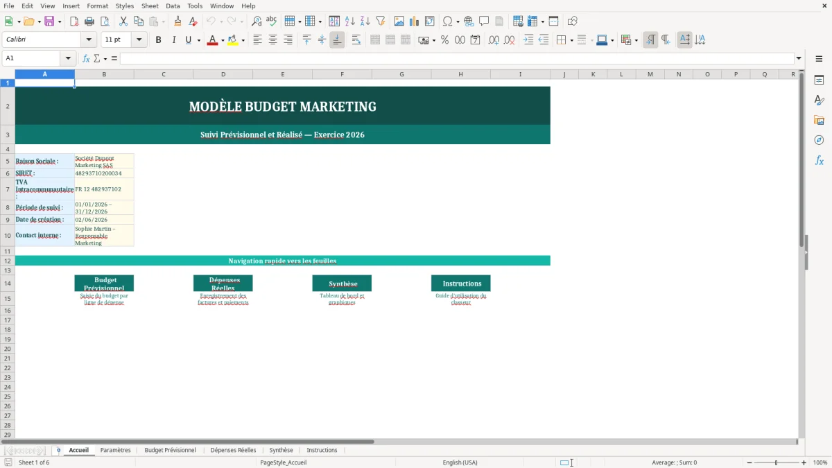 Capture d'écran 1 : Feuille Accueil - Modèle Excel modèle budget marketing excel