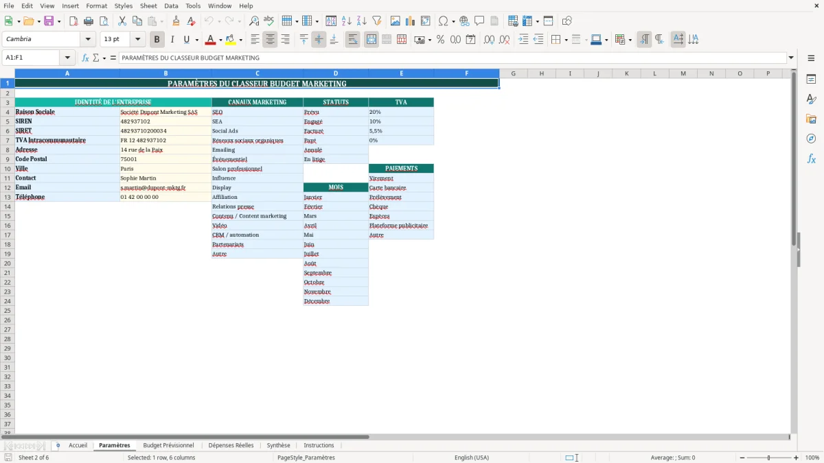 Capture d'écran 2 : Feuille Paramètres - Modèle Excel modèle budget marketing excel