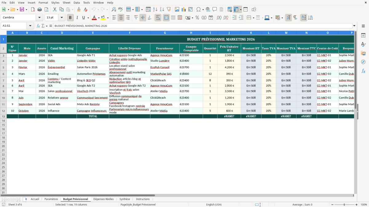 Capture d'écran 3 : Feuille Budget Prévisionnel - Modèle Excel modèle budget marketing excel
