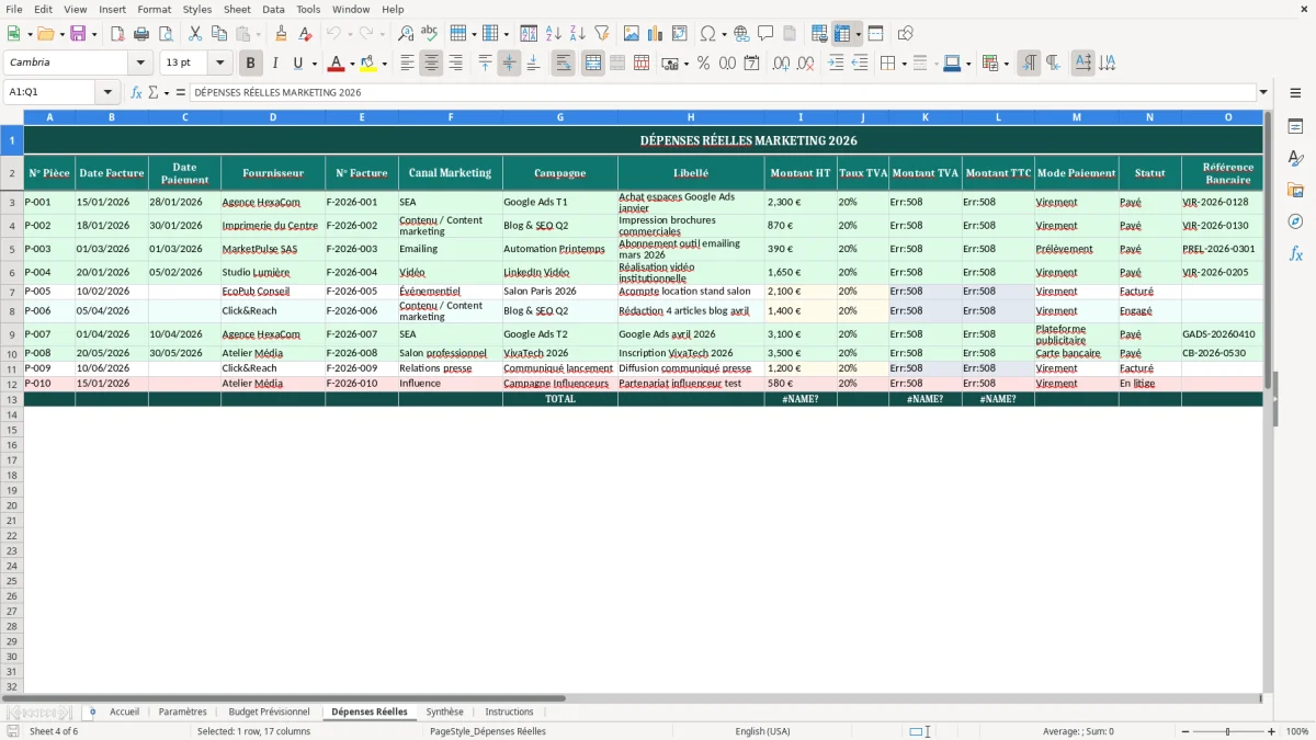 Capture d'écran 4 : Feuille Dépenses Réelles - Modèle Excel modèle budget marketing excel