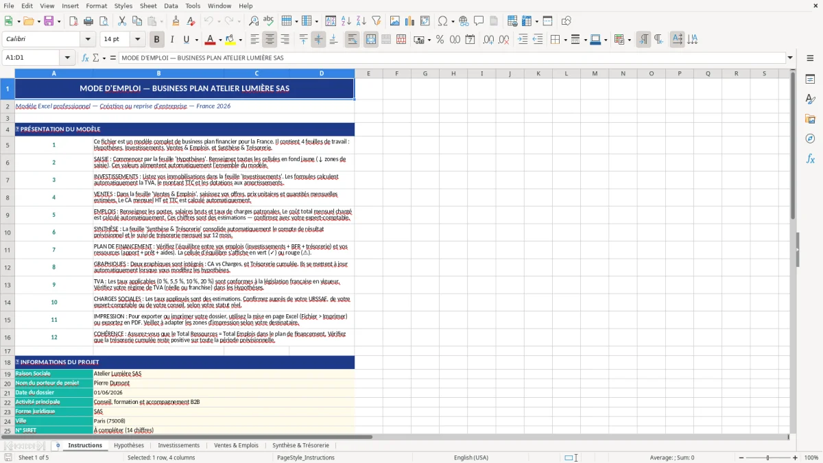 Capture d'écran 1 : Feuille Instructions - Modèle Excel modèle business plan excel