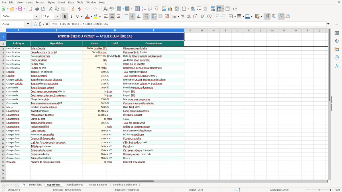 Capture d'écran 2 : Feuille Hypothèses - Modèle Excel modèle business plan excel