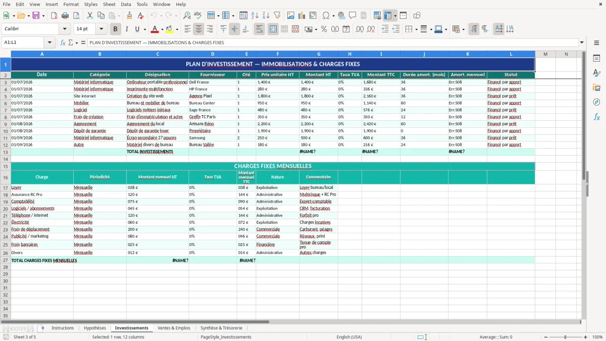 Capture d'écran 3 : Feuille Investissements - Modèle Excel modèle business plan excel