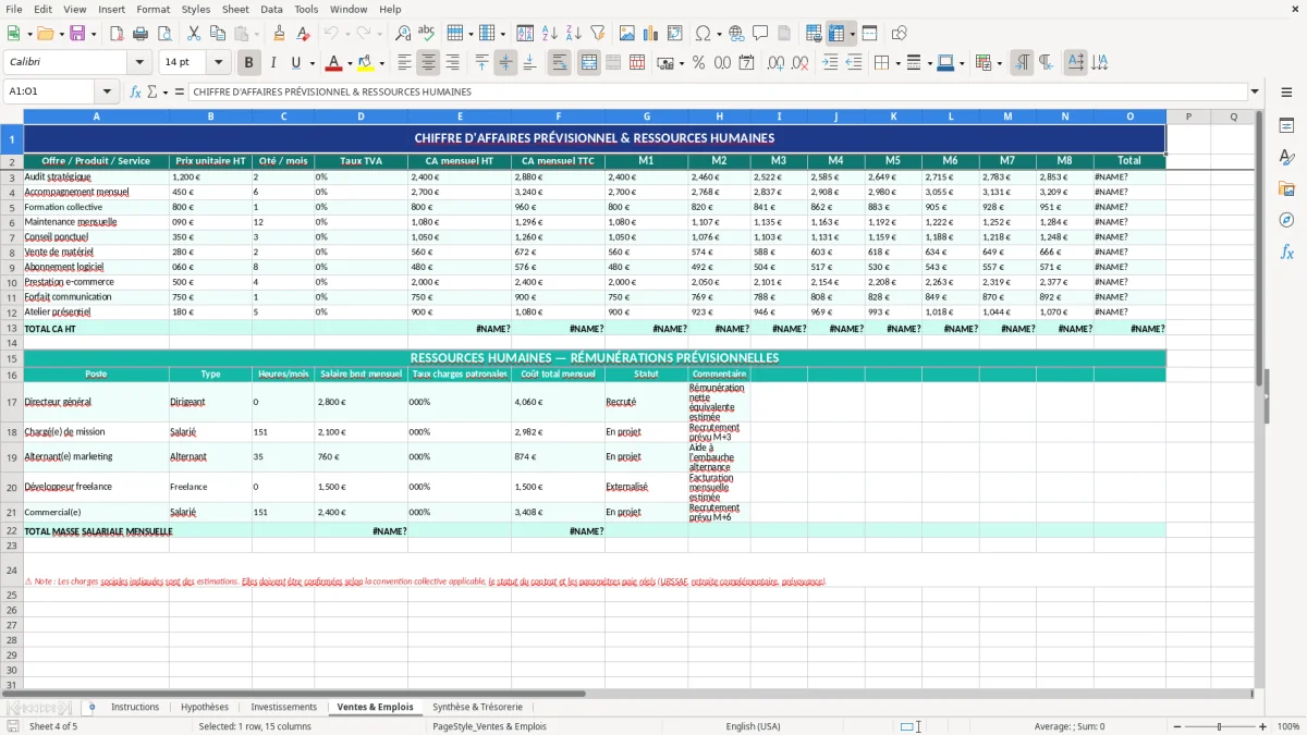 Capture d'écran 4 : Feuille Ventes & Emplois - Modèle Excel modèle business plan excel