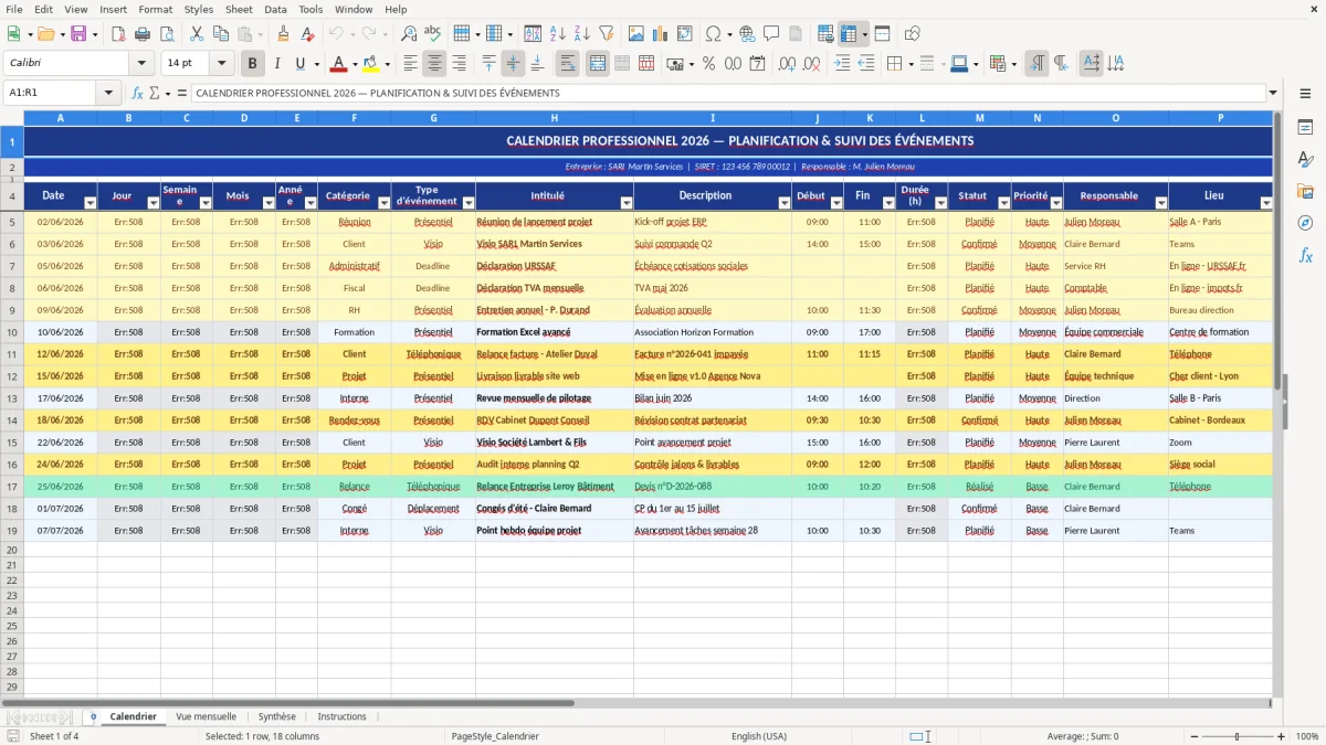 Capture d'écran 1 : Feuille Calendrier - Modèle Excel modèle calendrier excel