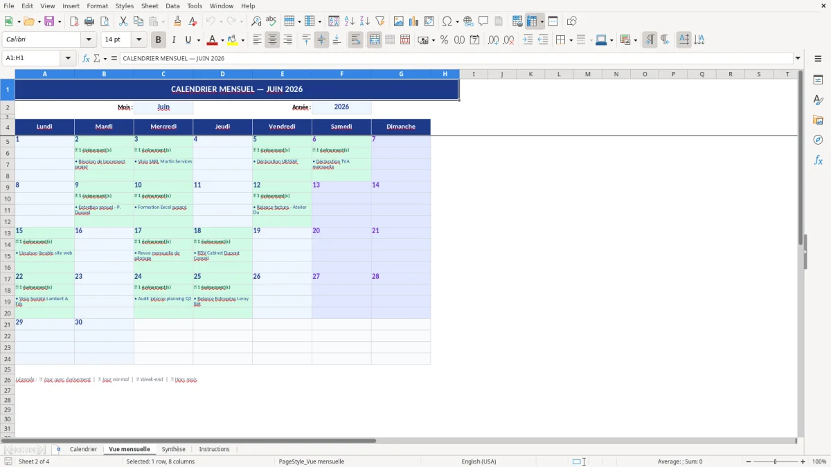 Capture d'écran 2 : Feuille Vue mensuelle - Modèle Excel modèle calendrier excel