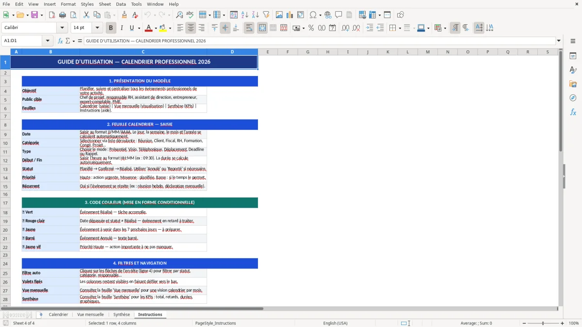 Capture d'écran 4 : Feuille Instructions - Modèle Excel modèle calendrier excel