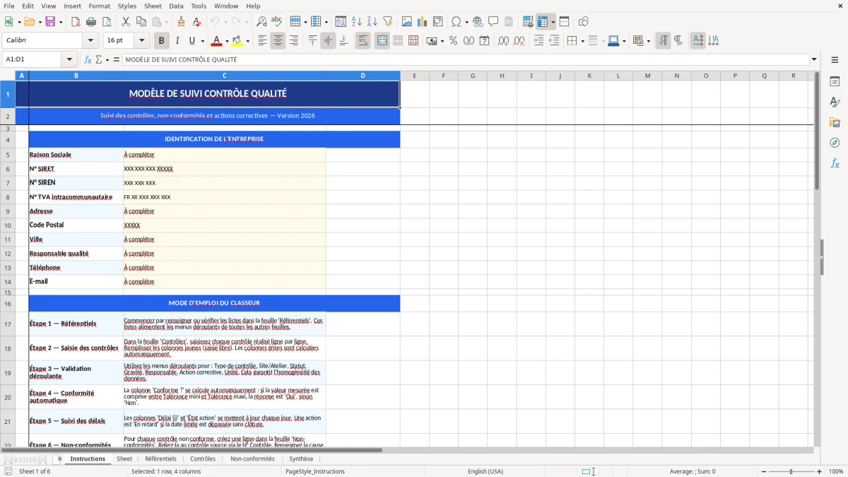 Capture d'écran 1 : Feuille Instructions - Modèle Excel modèle contrôle qualité excel