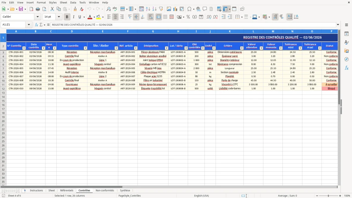 Capture d'écran 4 : Feuille Contrôles - Modèle Excel modèle contrôle qualité excel