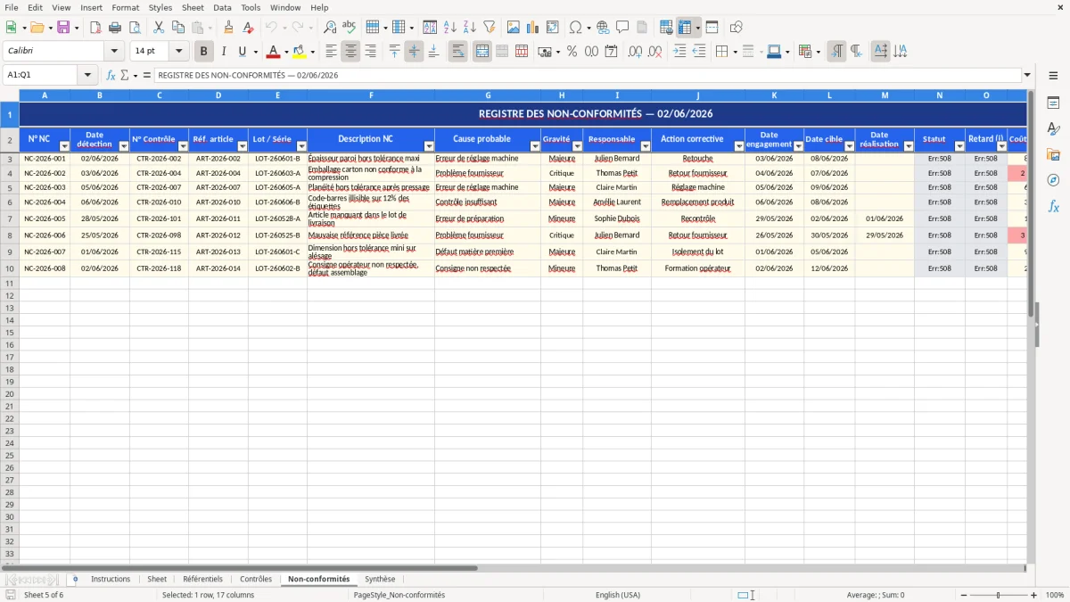 Capture d'écran 5 : Feuille Non-conformités - Modèle Excel modèle contrôle qualité excel