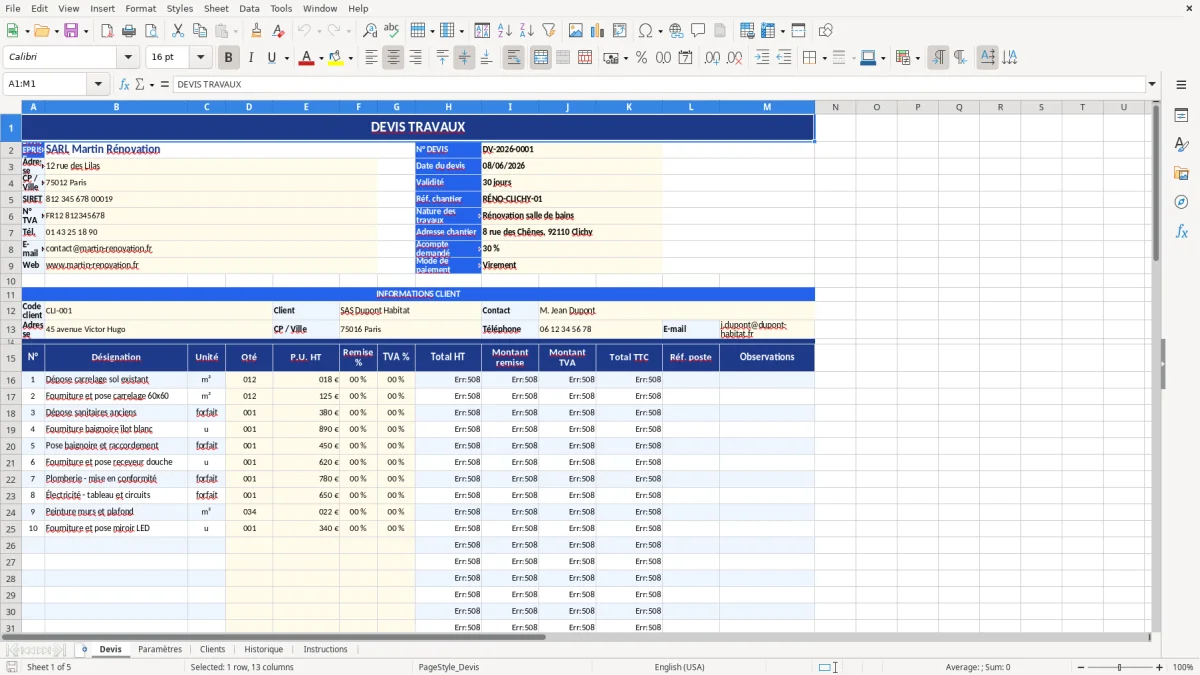 Capture d'écran 1 : Feuille Devis - Modèle Excel modèle devis travaux excel