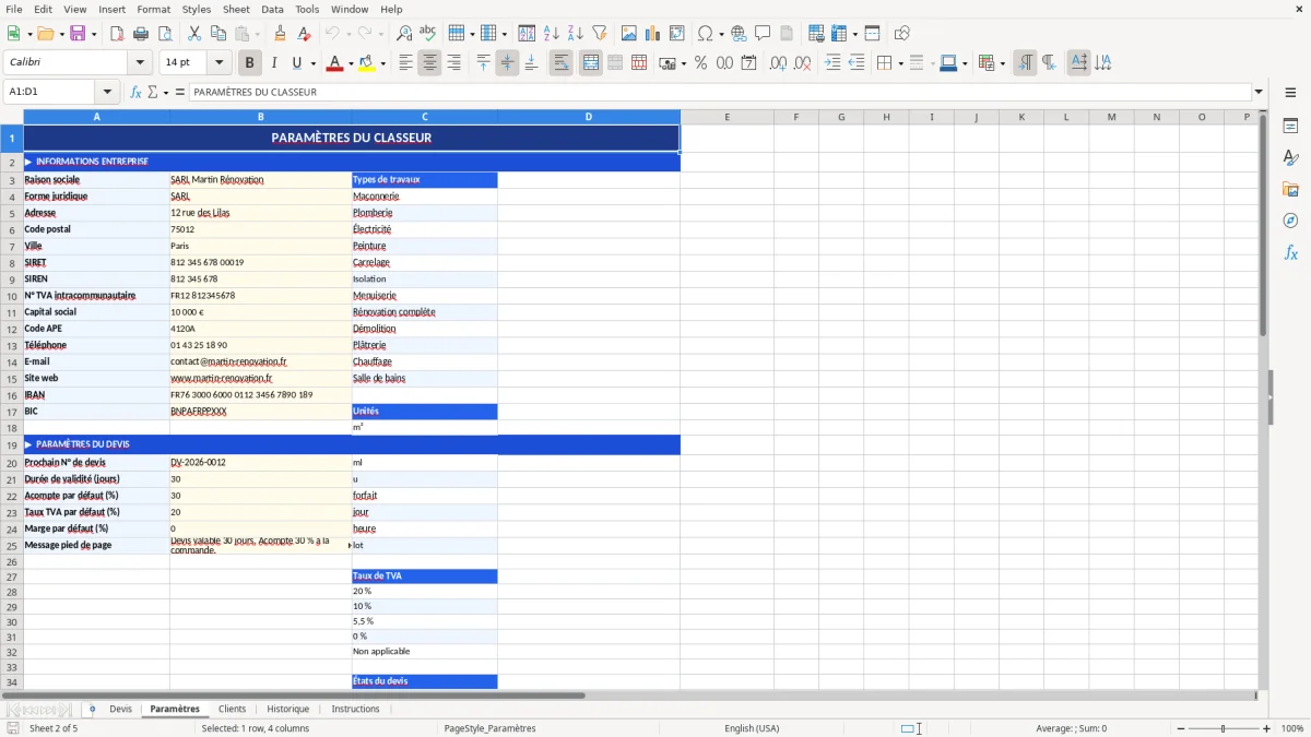 Capture d'écran 2 : Feuille Paramètres - Modèle Excel modèle devis travaux excel