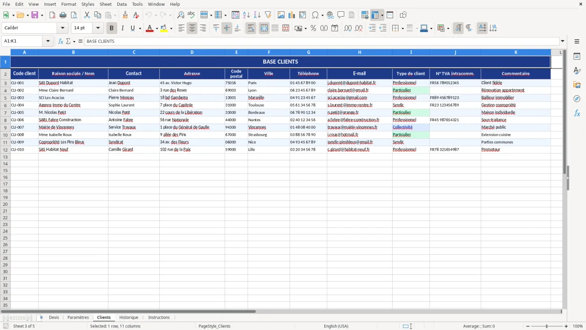 Capture d'écran 3 : Feuille Clients - Modèle Excel modèle devis travaux excel