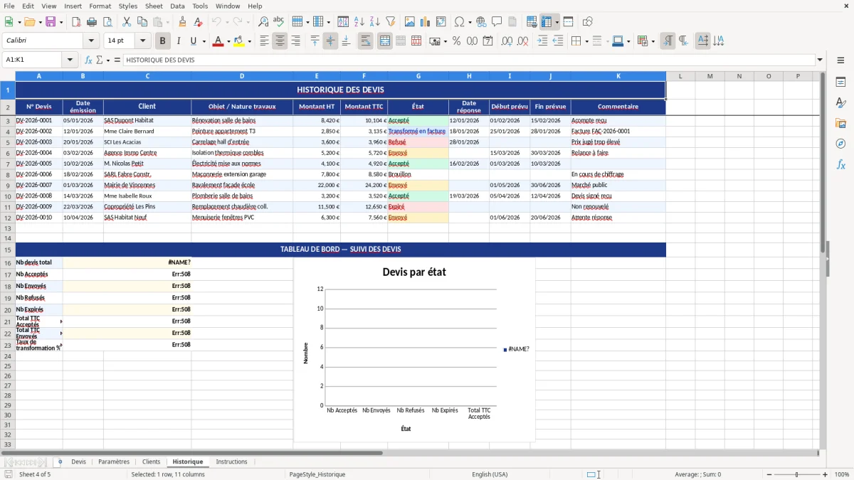 Capture d'écran 4 : Feuille Historique - Modèle Excel modèle devis travaux excel