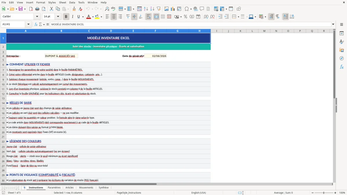 Capture d'écran 1 : Feuille Instructions - Modèle Excel modèle inventaire excel