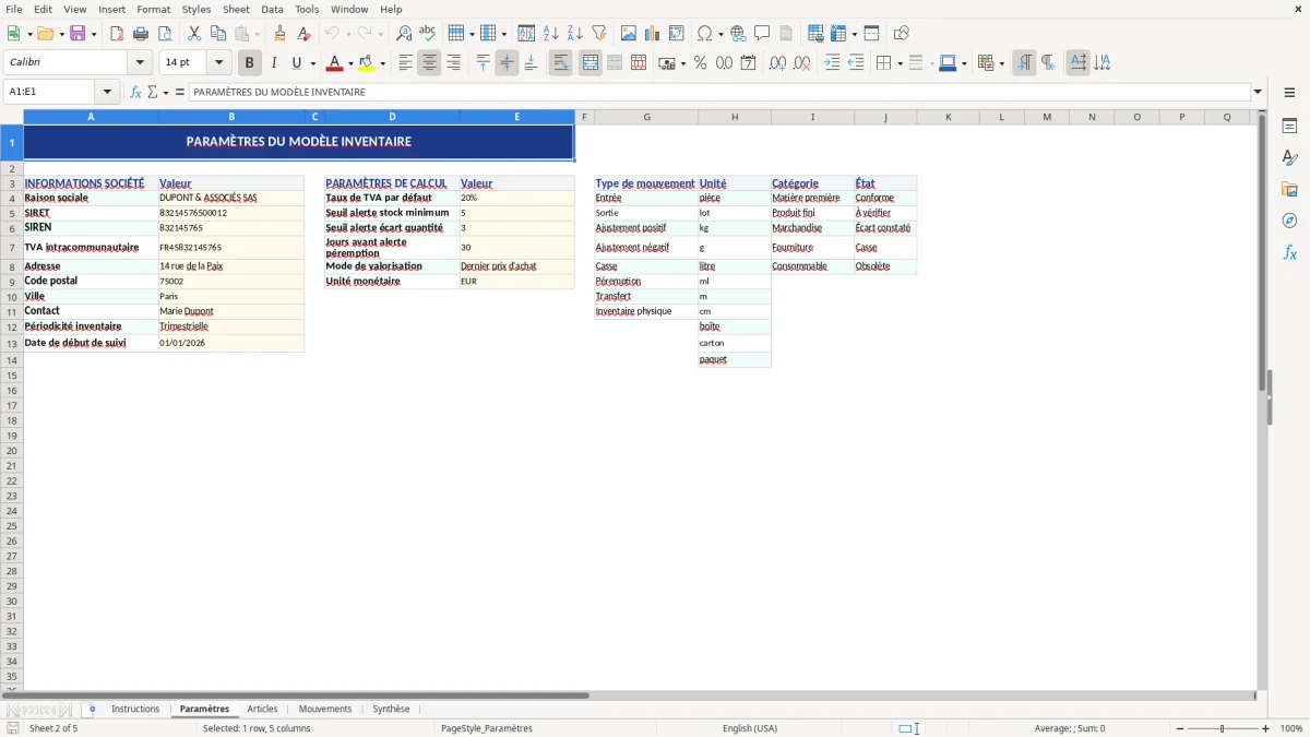 Capture d'écran 2 : Feuille Paramètres - Modèle Excel modèle inventaire excel