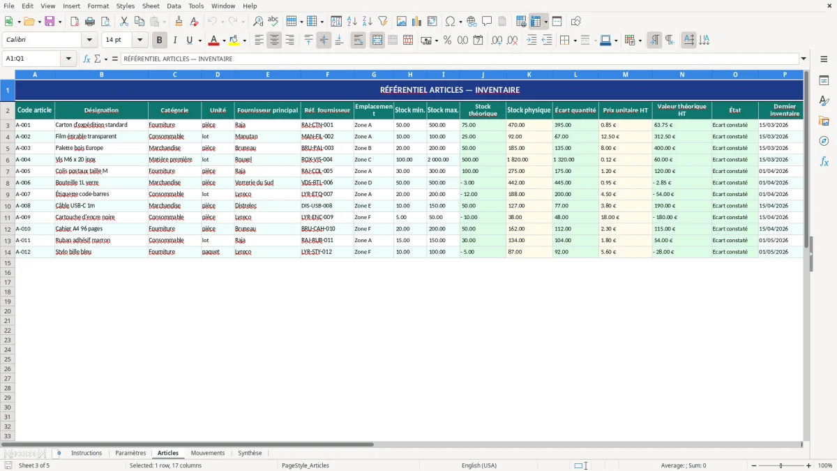 Capture d'écran 3 : Feuille Articles - Modèle Excel modèle inventaire excel