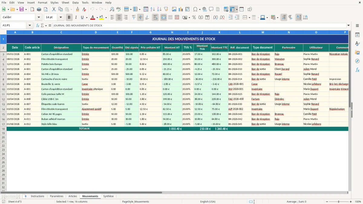 Capture d'écran 4 : Feuille Mouvements - Modèle Excel modèle inventaire excel