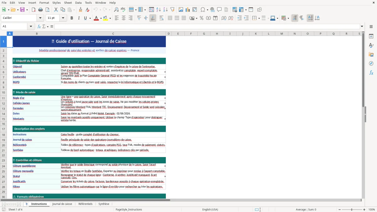 Capture d'écran 1 : Feuille Instructions - Modèle Excel modèle journal de caisse excel