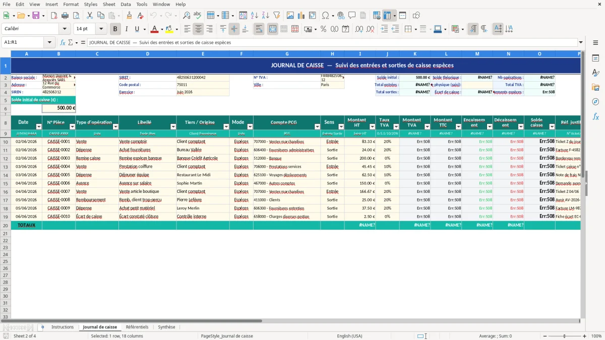Capture d'écran 2 : Feuille Journal de caisse - Modèle Excel modèle journal de caisse excel