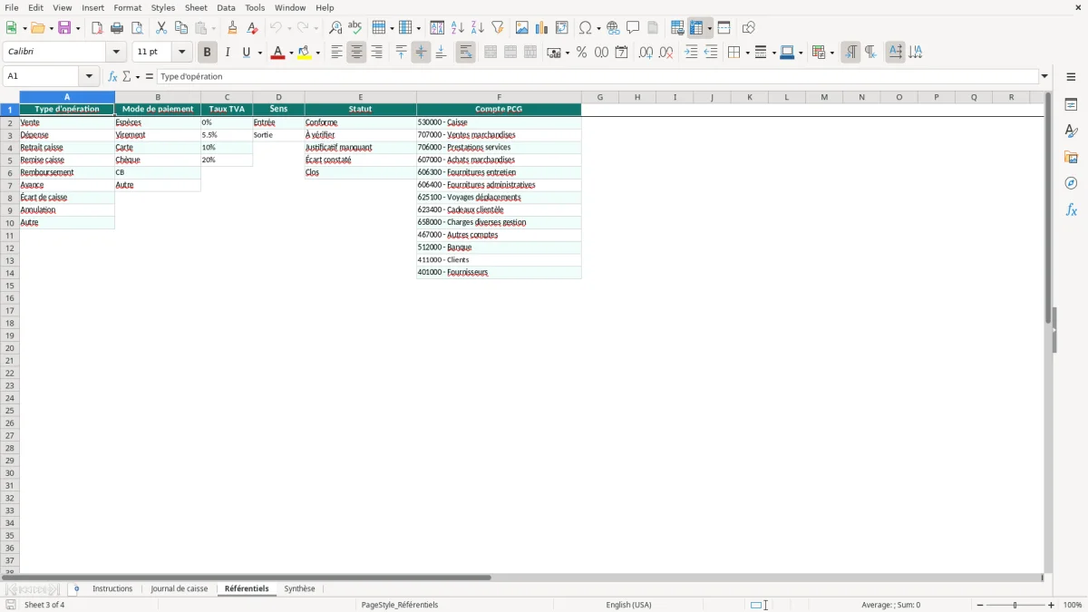Capture d'écran 3 : Feuille Référentiels - Modèle Excel modèle journal de caisse excel