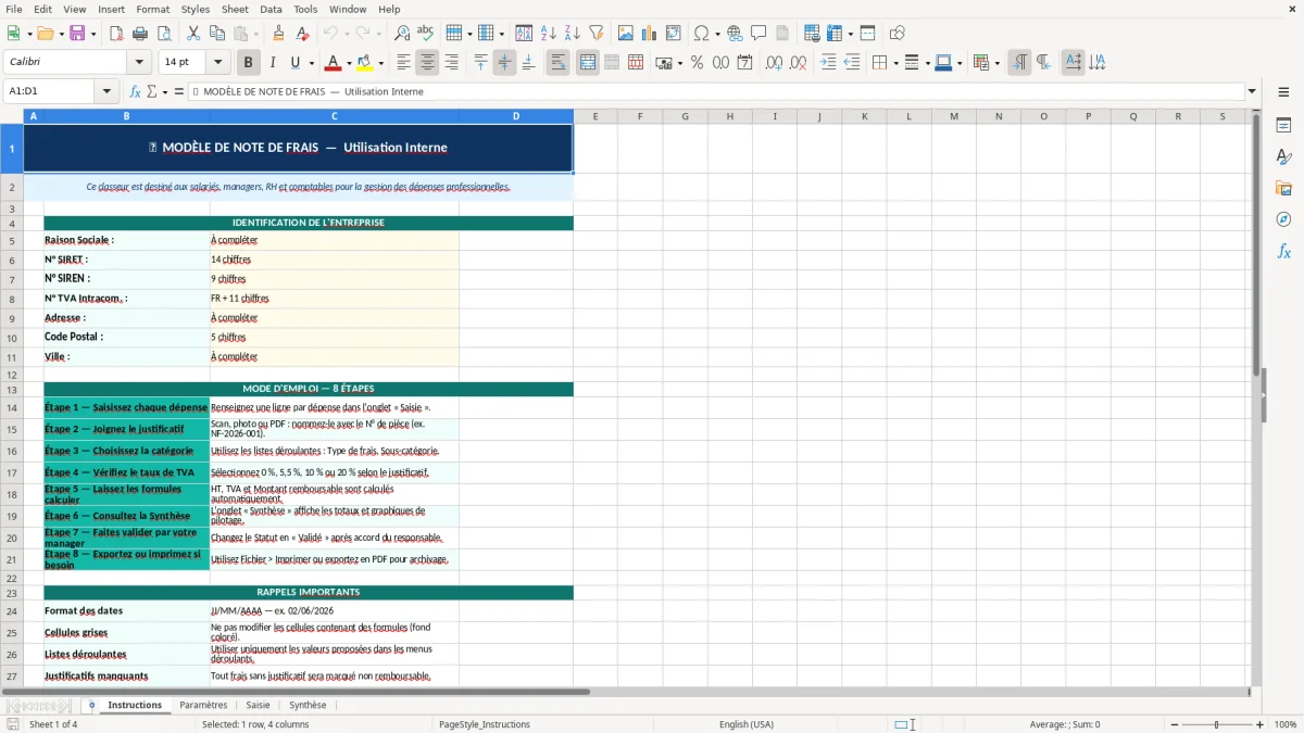 Capture d'écran 1 : Feuille Instructions - Modèle Excel modèle note de frais excel
