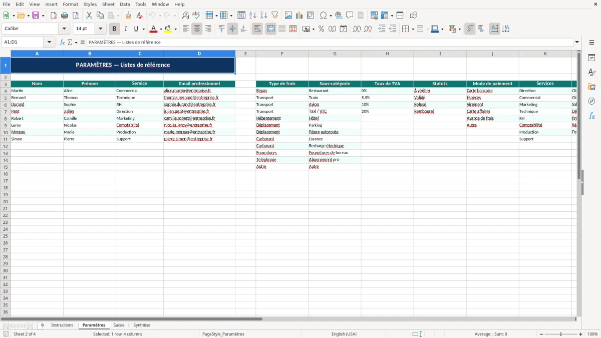 Capture d'écran 2 : Feuille Paramètres - Modèle Excel modèle note de frais excel