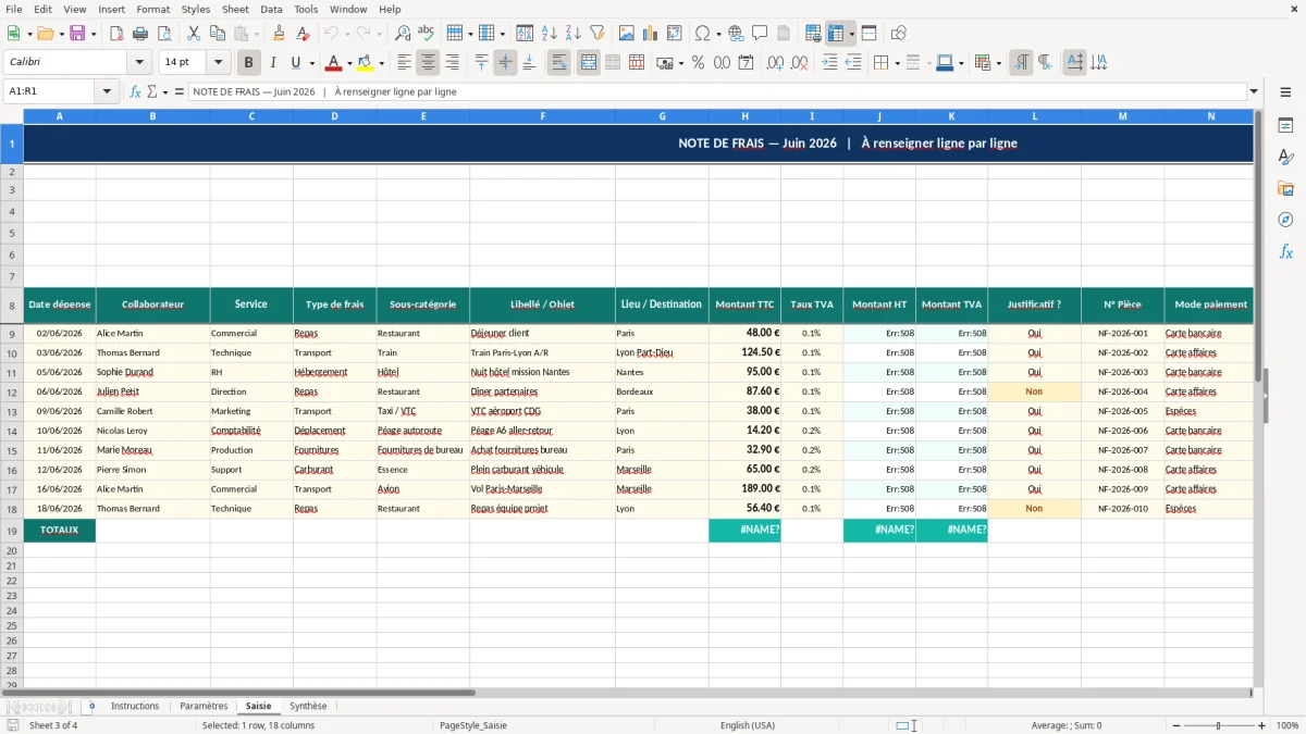 Capture d'écran 3 : Feuille Saisie - Modèle Excel modèle note de frais excel