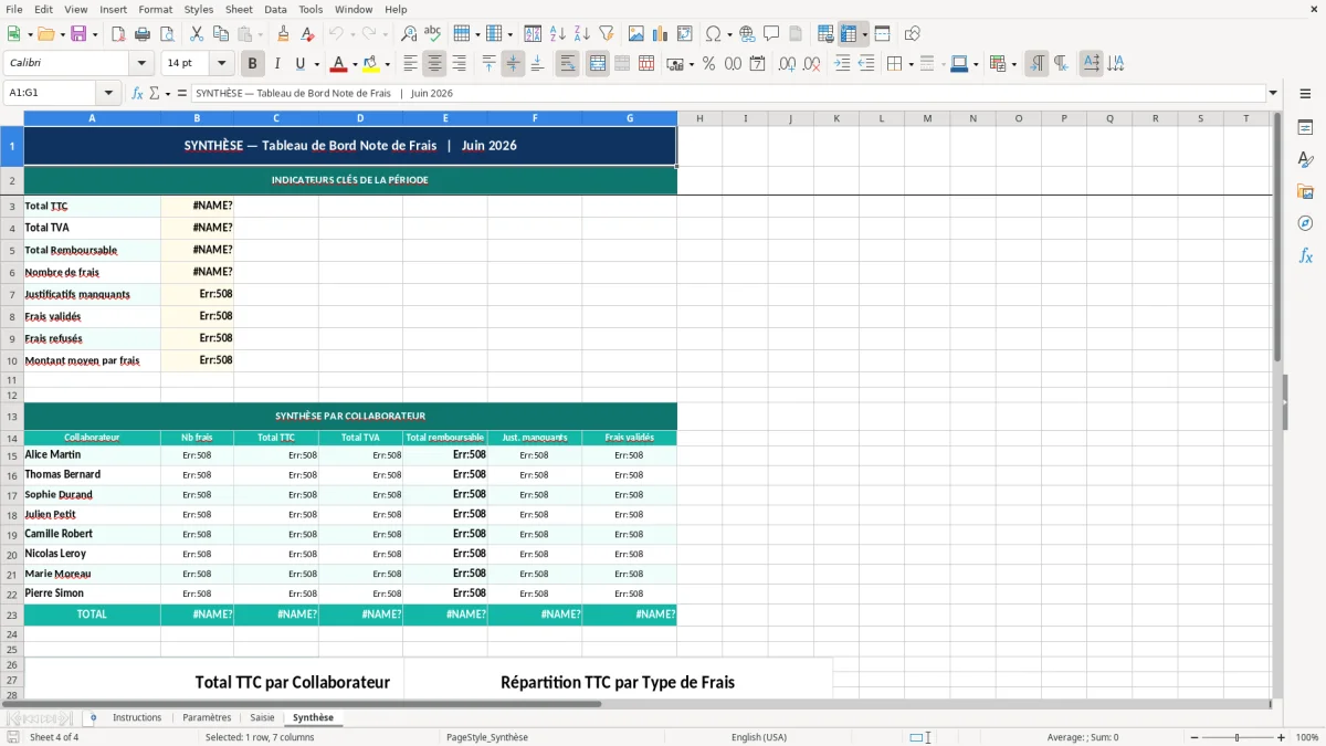Capture d'écran 4 : Feuille Synthèse - Modèle Excel modèle note de frais excel