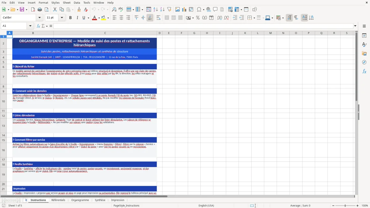 Capture d'écran 1 : Feuille Instructions - Modèle Excel modèle organigramme excel