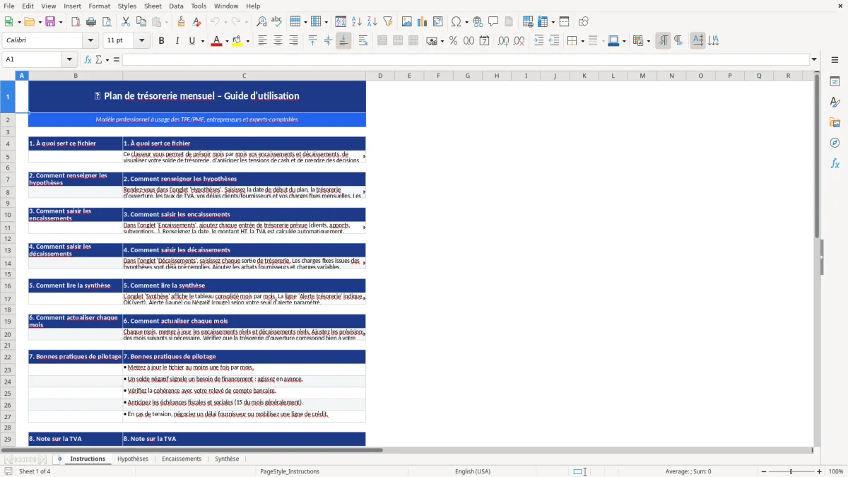 Capture d'écran 1 : Feuille Instructions - Modèle Excel modèle plan de trésorerie mensuel excel