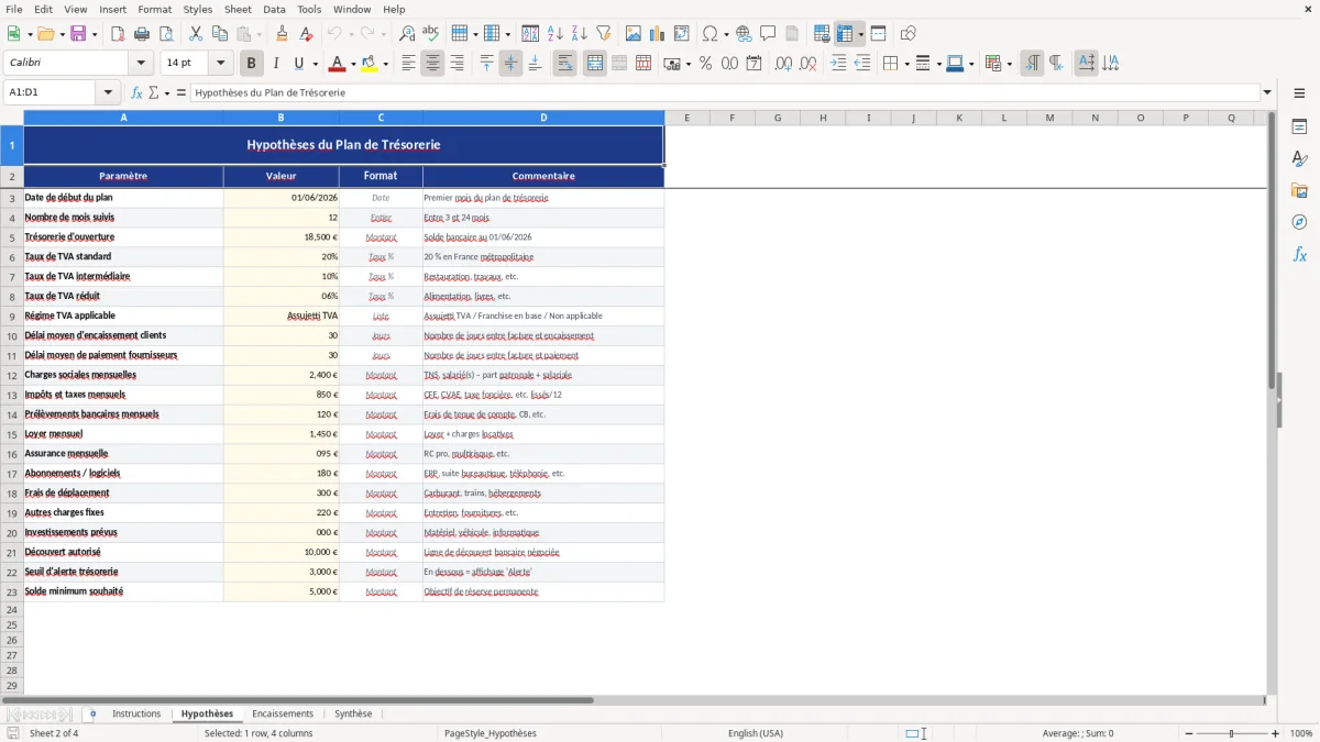 Capture d'écran 2 : Feuille Hypothèses - Modèle Excel modèle plan de trésorerie mensuel excel