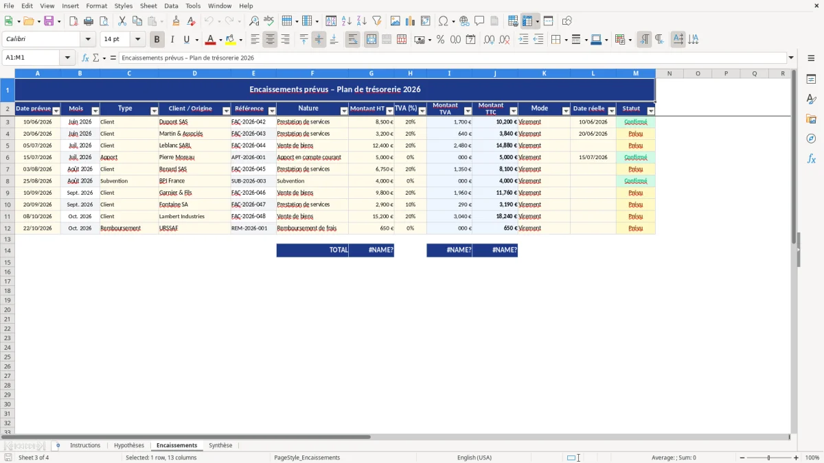 Capture d'écran 3 : Feuille Encaissements - Modèle Excel modèle plan de trésorerie mensuel excel