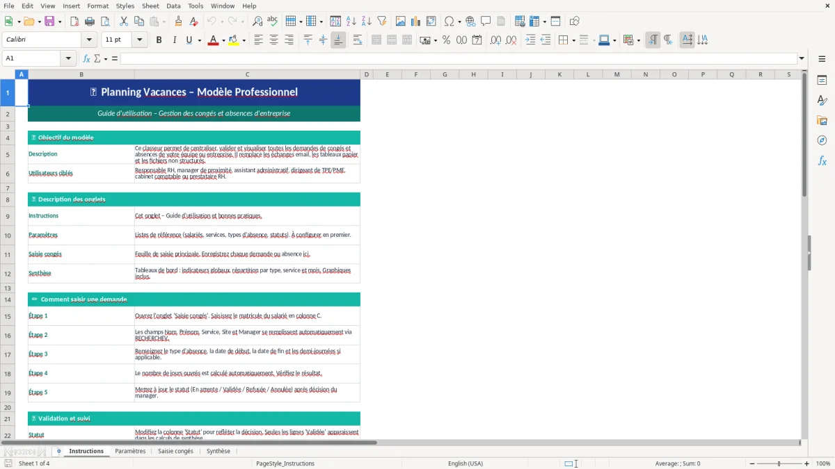 Capture d'écran 1 : Feuille Instructions - Modèle Excel modèle planning vacances excel