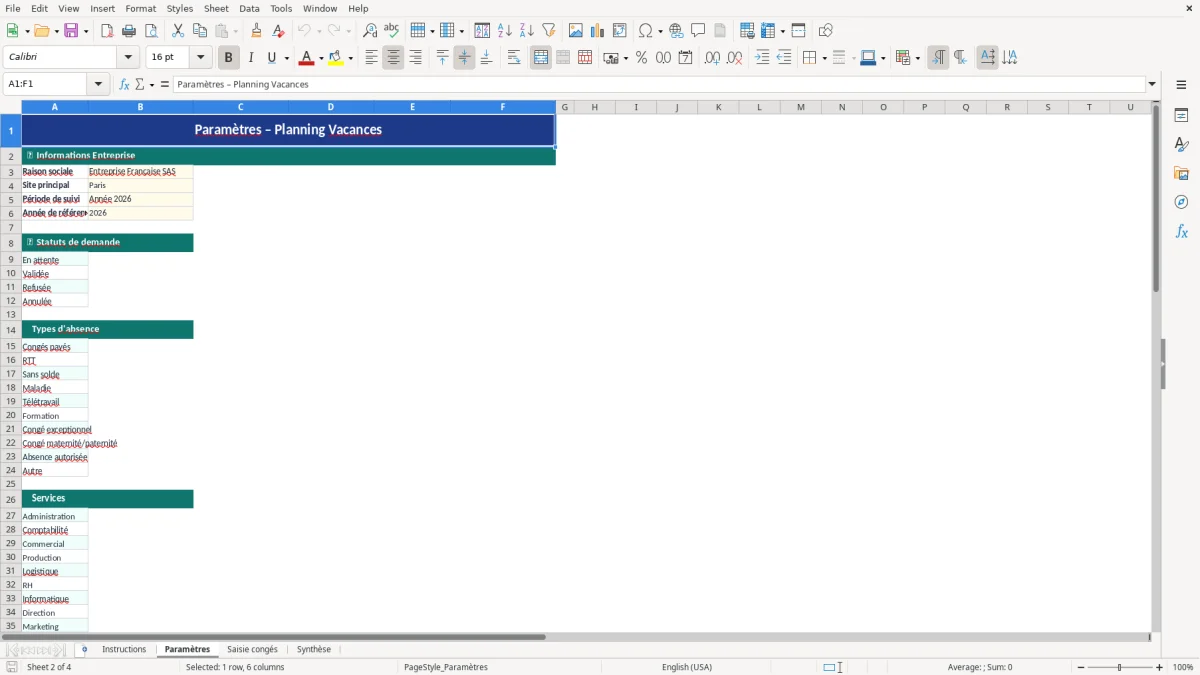 Capture d'écran 2 : Feuille Paramètres - Modèle Excel modèle planning vacances excel