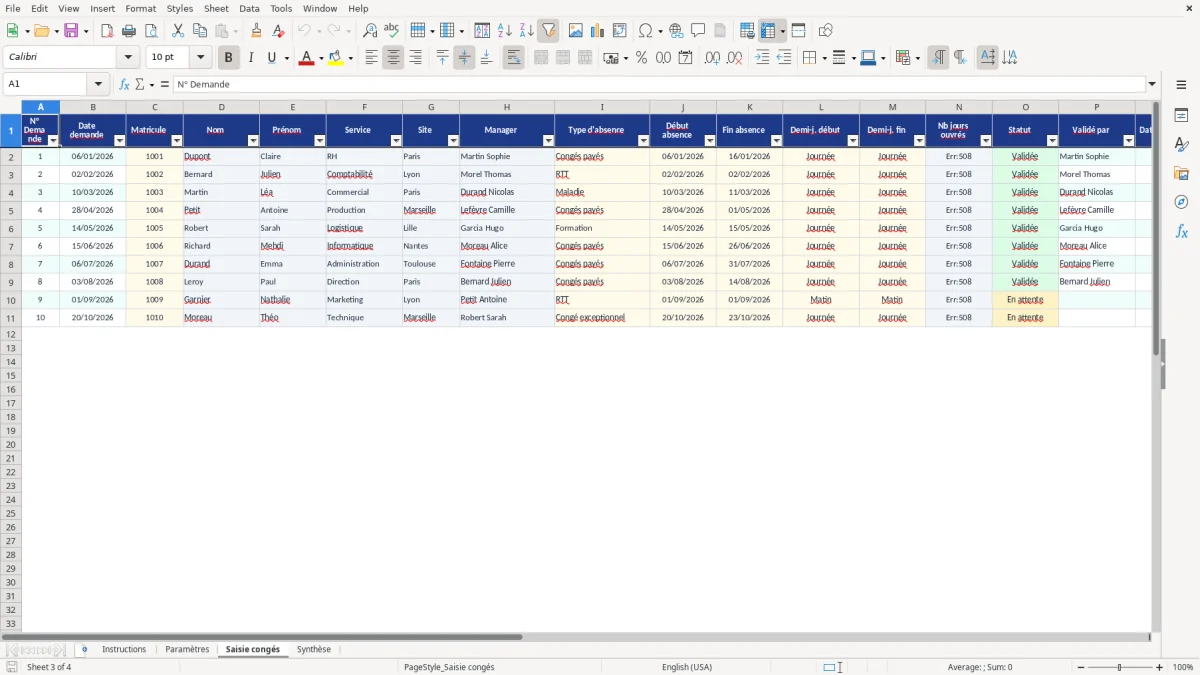 Capture d'écran 3 : Feuille Saisie congés - Modèle Excel modèle planning vacances excel