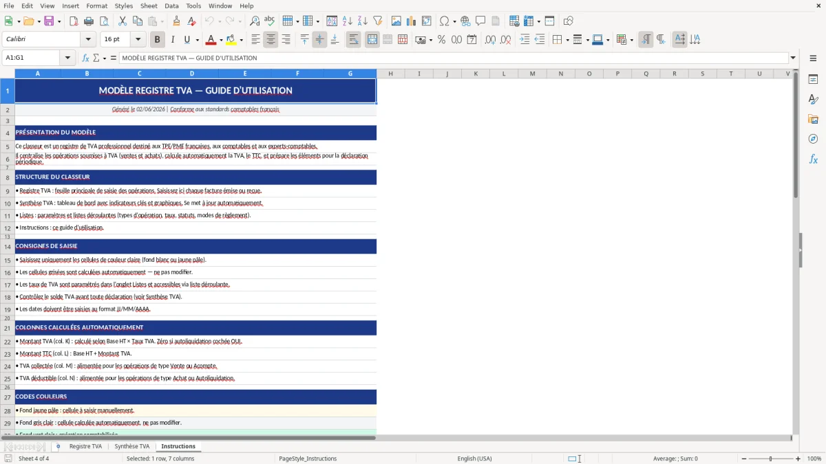 Capture d'écran 3 : Feuille Synthèse TVA - Modèle Excel modèle registre TVA excel