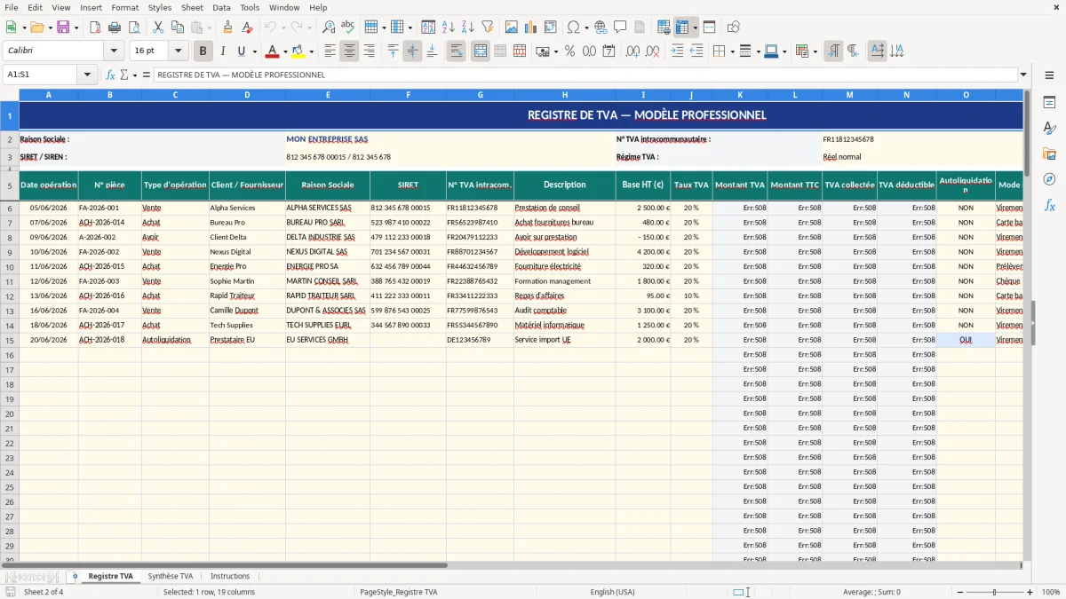 Capture d'écran 4 : Feuille Instructions - Modèle Excel modèle registre TVA excel