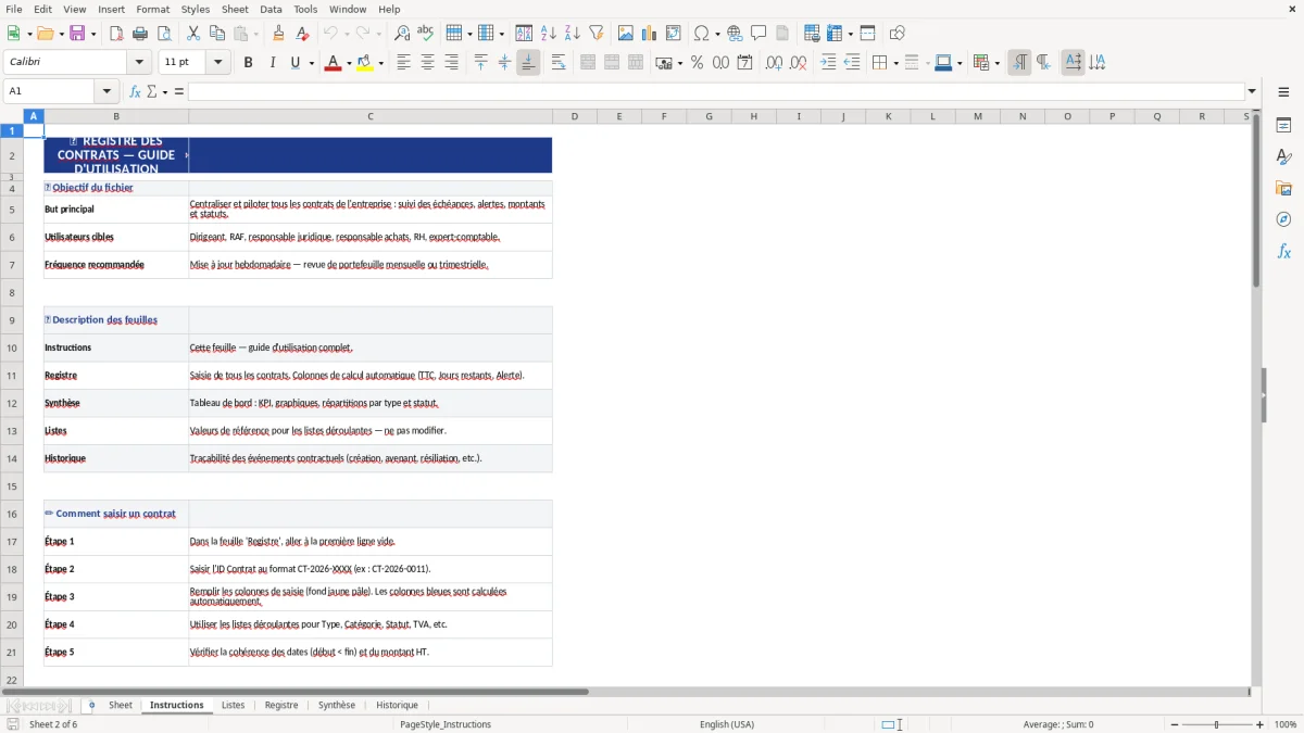 Capture d'écran 2 : Feuille Instructions - Modèle Excel modèle registre contrats excel