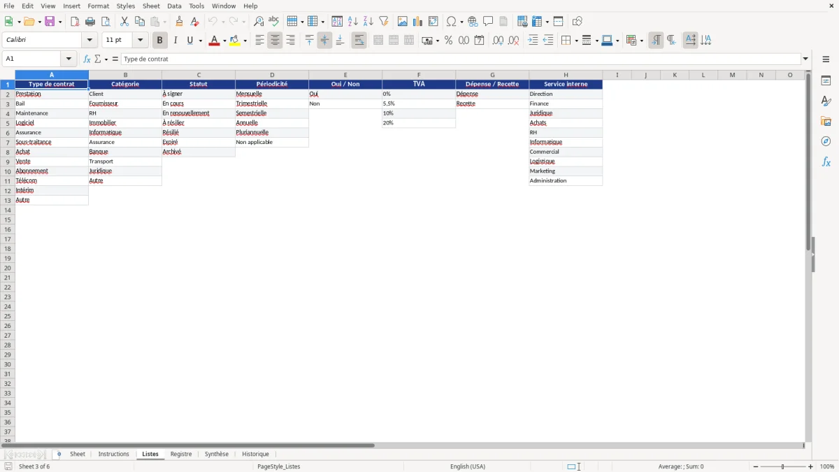 Capture d'écran 3 : Feuille Listes - Modèle Excel modèle registre contrats excel