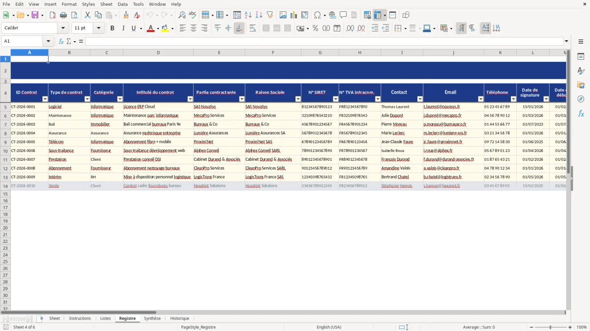 Capture d'écran 4 : Feuille Registre - Modèle Excel modèle registre contrats excel