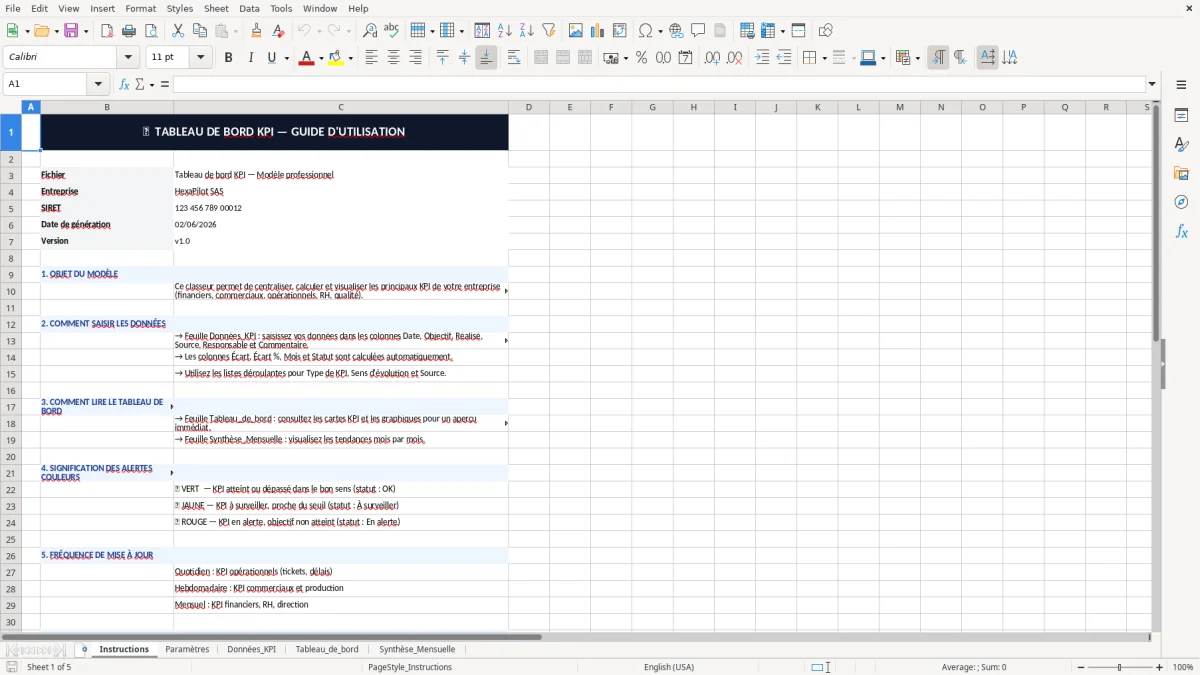 Capture d'écran 1 : Feuille Instructions - Modèle Excel modèle tableau de bord KPI excel