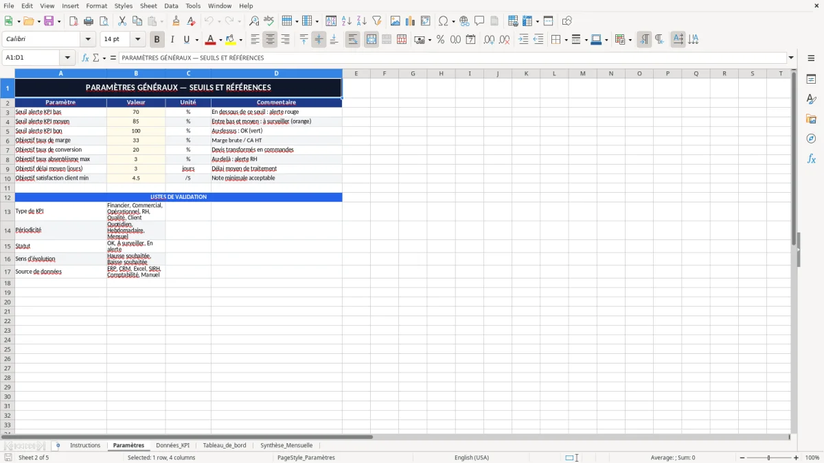 Capture d'écran 2 : Feuille Paramètres - Modèle Excel modèle tableau de bord KPI excel