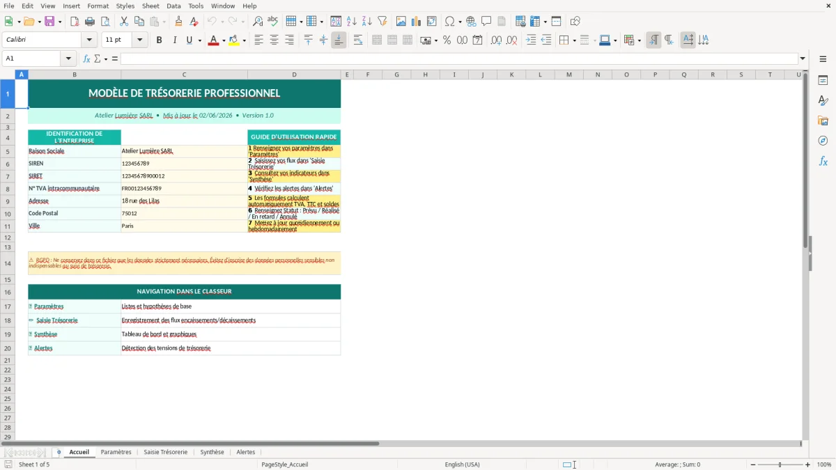 Capture d'écran 1 : Feuille Accueil - Modèle Excel modèle trésorerie excel